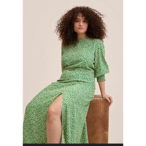 Mango Green Floral Puff Sleeve Mini Dress - Picture 1 of 8